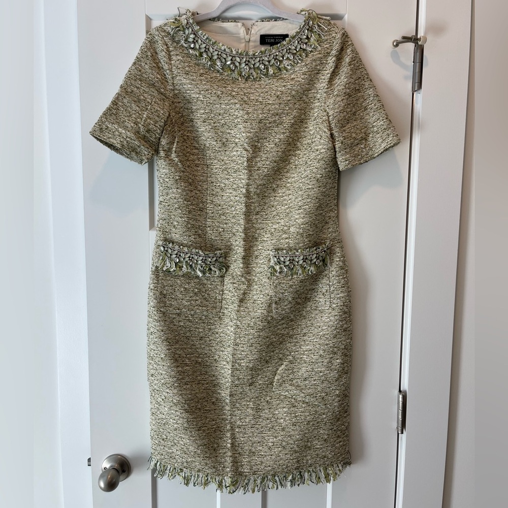Teri Jon by Rickie Freeman: Chic Green Tweed Dress with Embellished Neckline